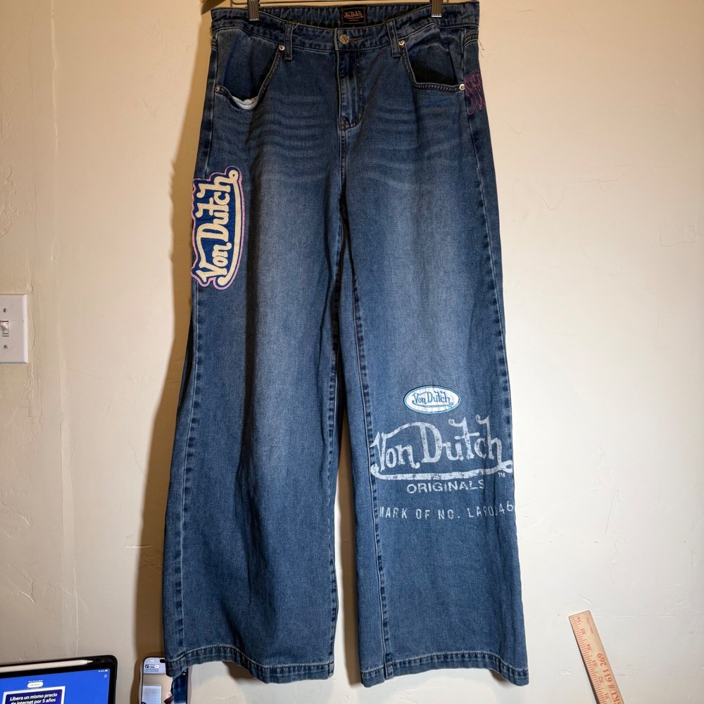 Von Dutch Jeans Wide Leg Y2K Graphic Embroidered Blue Denim Men's Size 31